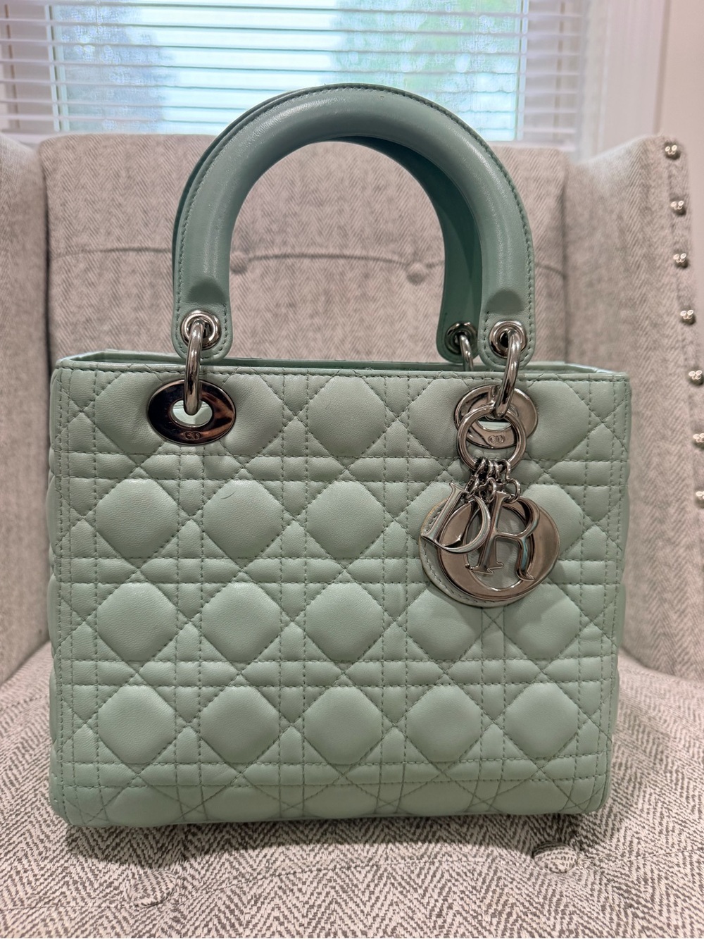 Dior Mint Green Leather Quilted Lady Dior Mini Tote